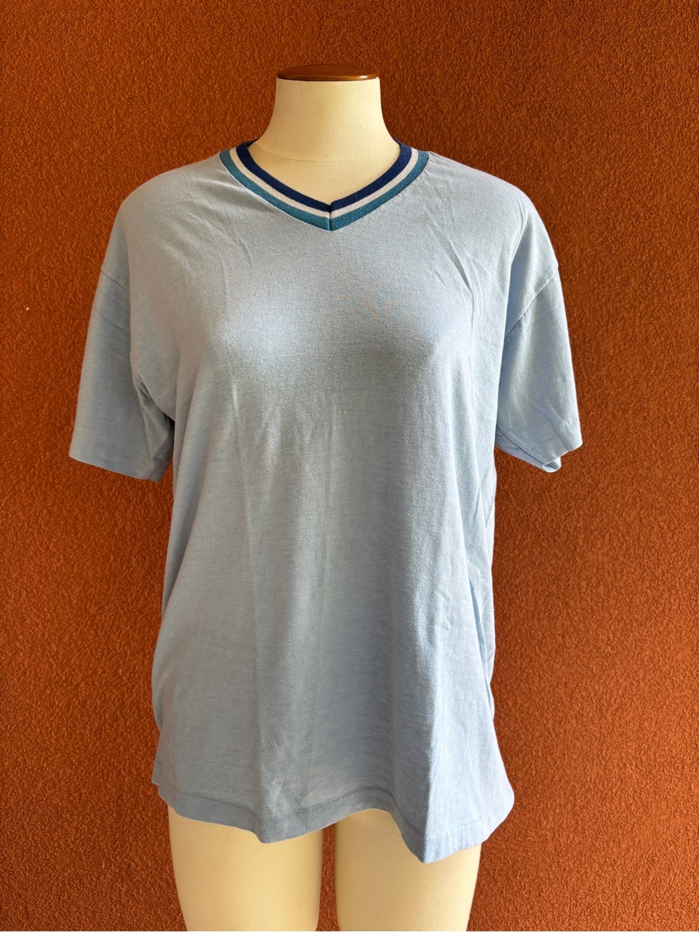 Hanes Light Blue V-Neck Short Sleeve Shirt with Navy Trim